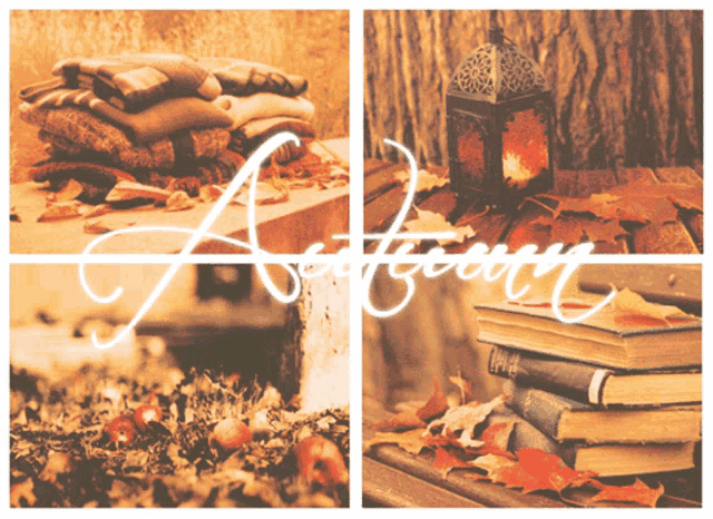 the word autumn is written on a picture of a pile of books