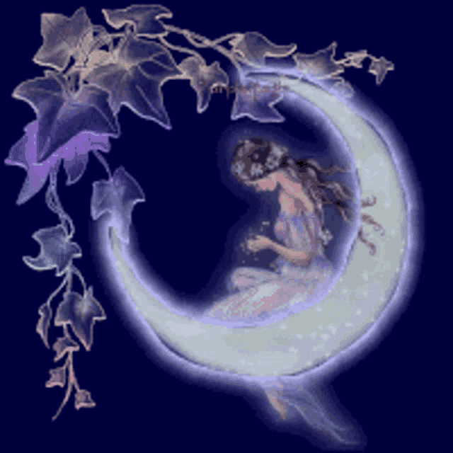 a fairy is sitting on a crescent moon surrounded by purple flowers
