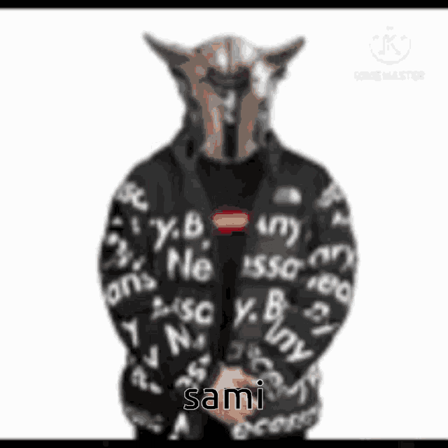 a person wearing a hoodie with a goat head on it .