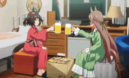 two anime girls drinking beer in a room with a box that says fresh on it