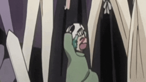 a cartoon character is standing in a dark room with a sword .