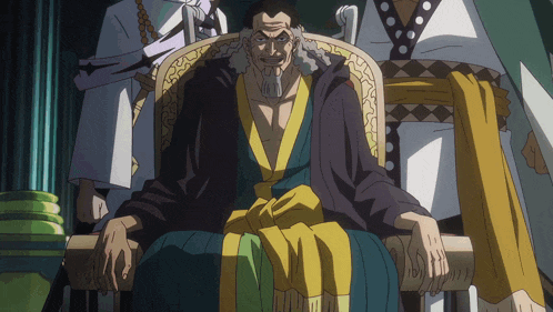 a man with a beard is sitting in a chair in a cartoon scene