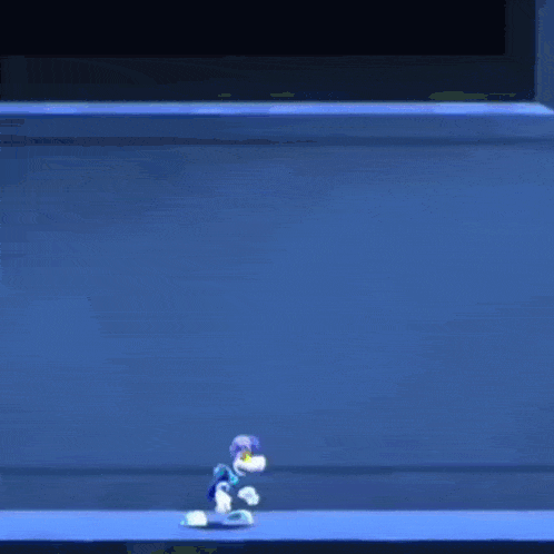 a cartoon character is flying through the air with a blue background