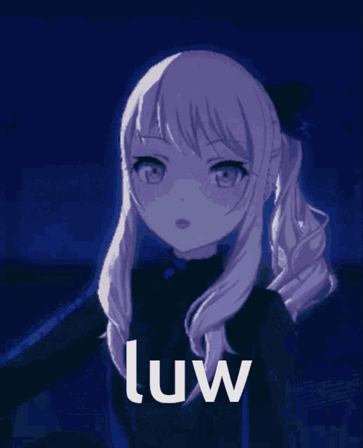 a purple haired anime girl with the word luw on the bottom