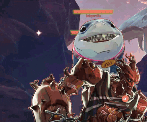 a cartoon character with a shark head and the word jeff on his neck