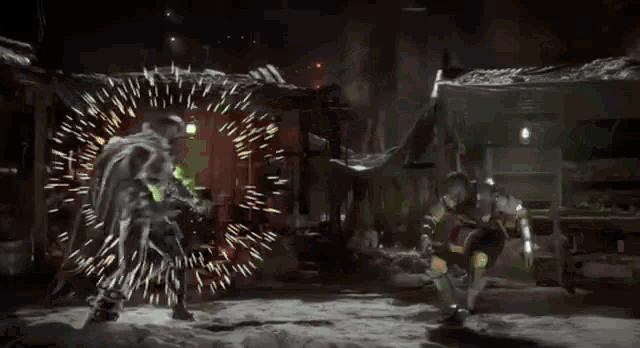 a group of people are dancing in a dark room with fireworks going off in the background .