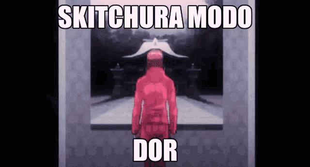 a man in a red suit is standing in front of a painting with the words skitchura modo dor on the bottom