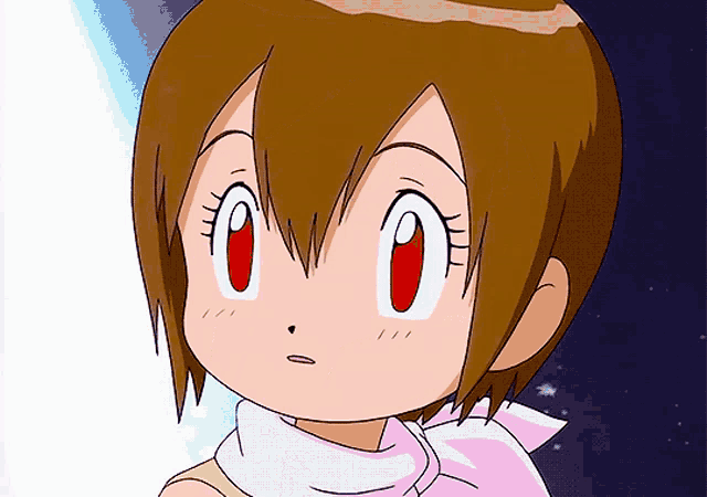a close up of a cartoon character 's face with red eyes