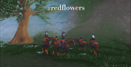 a group of people are riding horses in a field with the words #redflowers above them