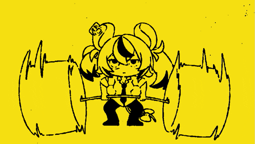 a black and yellow drawing of a girl holding a sword