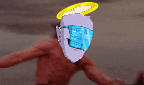 a cartoon of a man with a halo on his head and a skull on his face