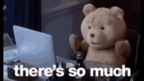 a teddy bear is sitting in front of a laptop with the words there 's so much on the screen