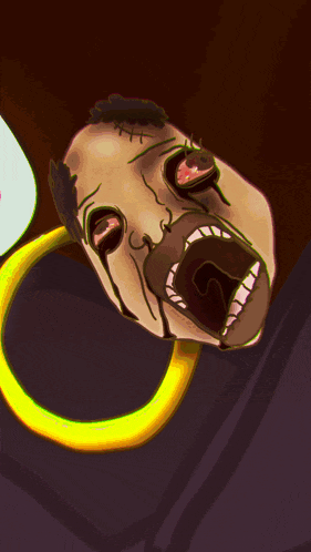 a drawing of a man with his mouth open and a yellow ring around his neck
