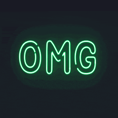 a green neon sign that says omg on a black background
