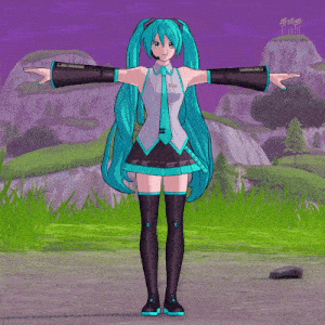 hatsune miku stands in front of a purple sky