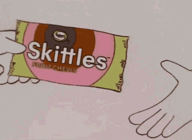a cartoon drawing of a person holding a bag of skittles