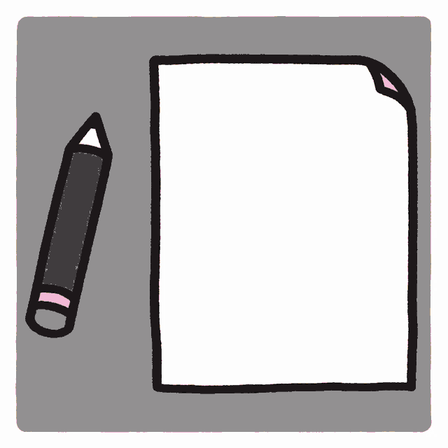 a pencil with a pink eraser is pointing to a piece of paper