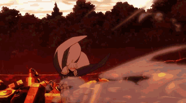 a cartoon character is flying through the air in front of a forest