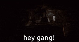 a close up of a person 's face with the words hey gang written on it