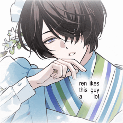 a drawing of a boy with the words ren likes this guy a lot on the bottom