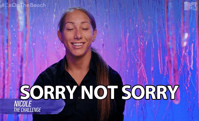 nicole the challenge says sorry not sorry in front of a purple background