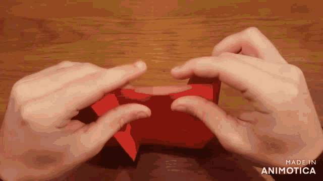 a close up of a person 's hands holding a piece of red paper with the words made in animotica below them