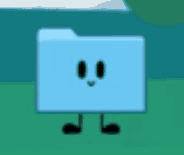 a blue folder with a face , arms and legs is standing on a green surface .