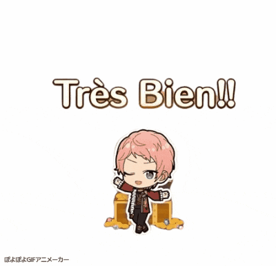 a cartoon character with pink hair is standing next to a sign that says tres bien