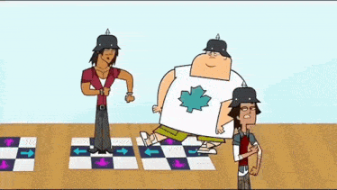 a group of cartoon characters standing on a checkered floor .