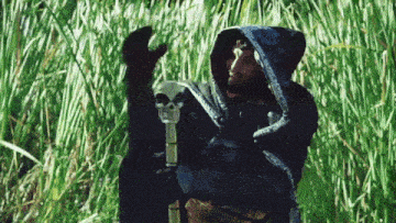 a man in a hooded cape with a skull on it stands in a field of tall grass