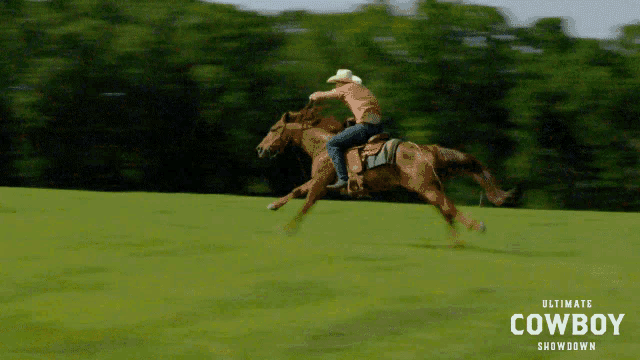 an advertisement for the ultimate cowboy showdown shows a man riding a horse in a field
