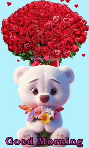 a teddy bear holding a bouquet of red roses with the words good morning