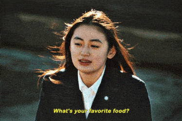 a woman says what 's your favorite food in yellow letters