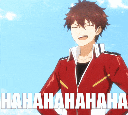 a man in a red jacket is laughing with the words " hahahaha " behind him
