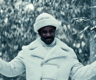 a man wearing a white coat and hat stands in the snow
