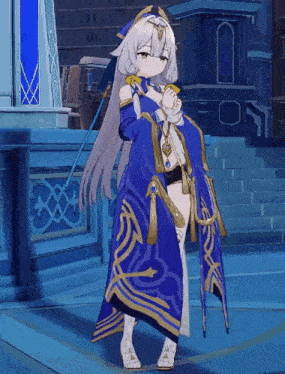 a girl in a blue and gold outfit is standing in front of stairs