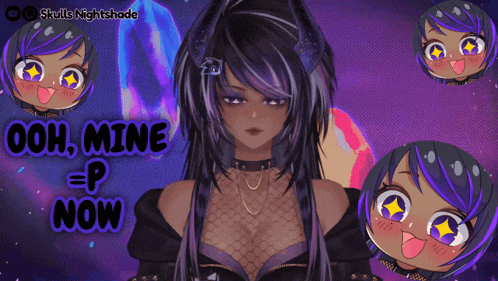 a picture of a girl with purple hair and the words ooh mine now