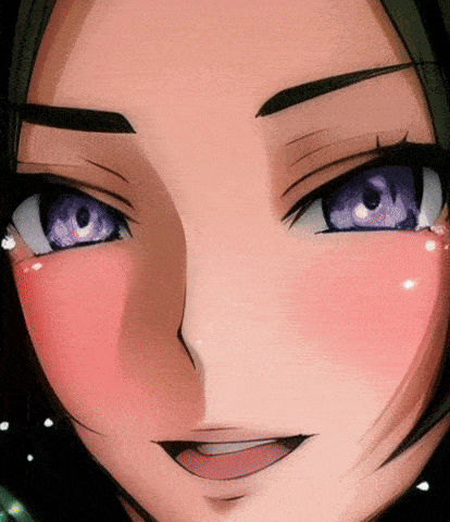 a close up of a girl 's face with purple eyes and a pink cheek