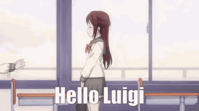 a girl in a school uniform is hugging another girl and the words hello luigi are visible