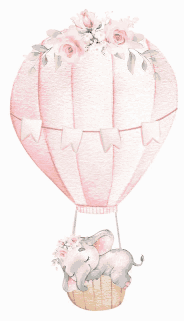 an elephant in a pink hot air balloon with flowers