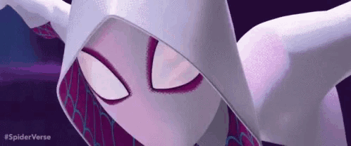 a close up of a cartoon character wearing a white hood and purple tights .