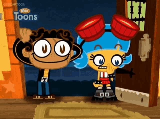 a couple of cartoon characters standing next to each other with the words nick toons on the bottom