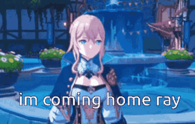 a video game character is standing in front of a fountain and says `` i 'm coming home ray '' .