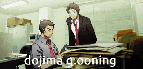 a man sitting at a desk with the words dojima g.ooning on the bottom right