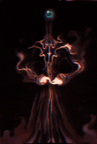 a painting of a monster with one eye and a sword