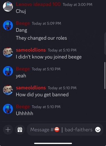 a phone screen shows a conversation between chuj beege dang sameoldlions and beege