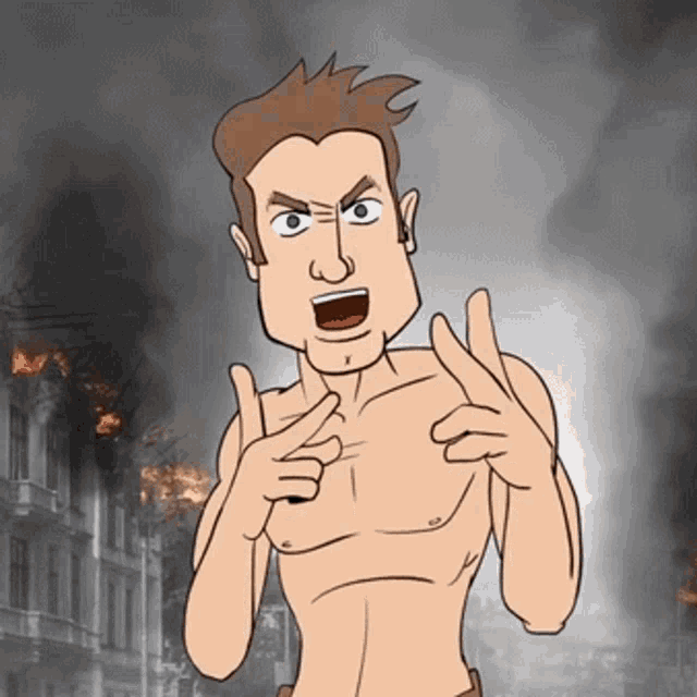 a cartoon drawing of a shirtless man giving the middle finger