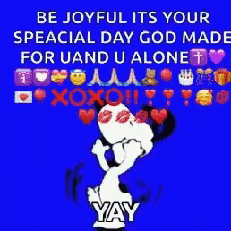a picture of snoopy on a yellow background that says be joyful