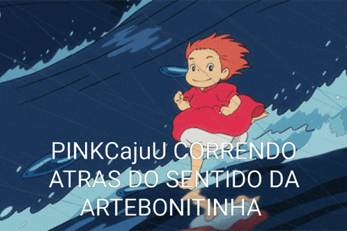 a cartoon of a girl running in the water with the words " pinkcajuu correndo atras do sentido da artebonitinha " below her
