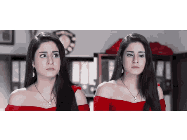 a woman in a red off the shoulder top has a necklace around her neck